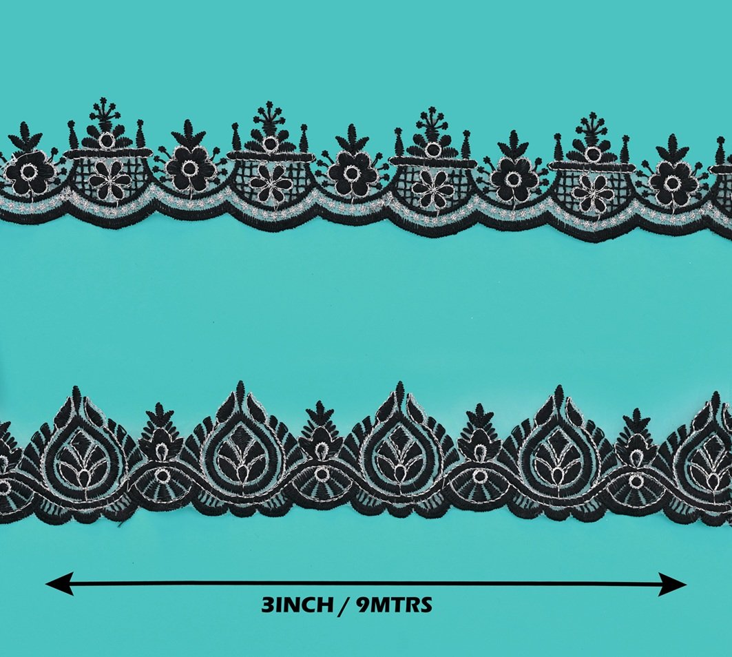 Black Embro Wide 3422 Designer Organza Lace Trim